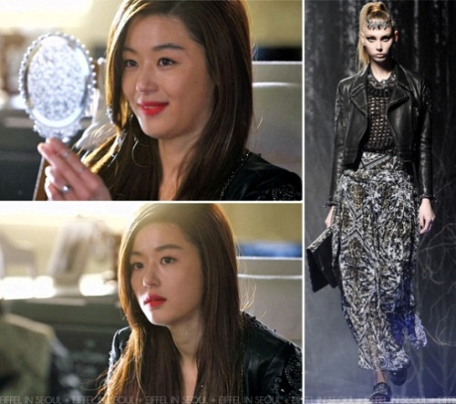 Áo khoác da nạm đinh cực chất từ bộ sưu tập năm 2013 của nhãn hàng Philipp Plein được Jun Ji Huyn sử dụng trong nhiều cảnh quay.