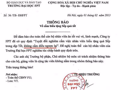 Văn hóa "nói không" với quà biếu sếp trong dịp Tết Nguyên đán ở FPT. Ảnh: Facebook.