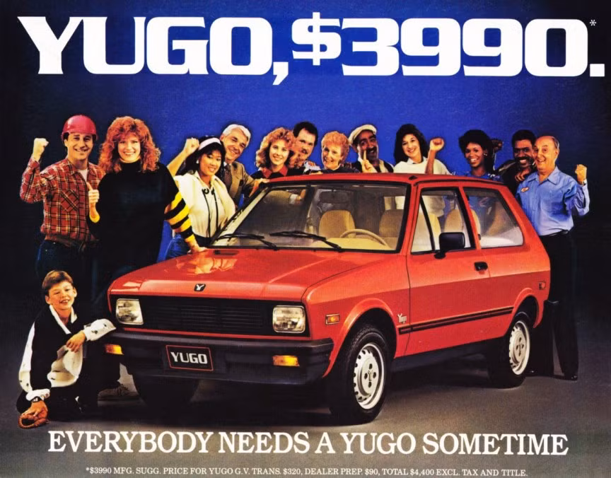 Yugo GV 1987: Một số người cho rằng chiếc Yugo GV là một ý tưởng tuyệt vời của Fiat, bởi hãng xe này đã chuyển toàn bộ dây chuyền sản xuất nó đến Siberia, khiến cho giá bán trở nên vô cùng thấp. Tuy nhiên, dù nó có mức giá tốt nhưng nó tệ hại ở hầu hết các mặt còn lại. Hệ thống điện của xe được thiết kế một cách sơ sài và cẩu thả. Cấu trúc xe yếu kém. Điểm mạnh duy nhất của Yugo GV 1987 là nó có trọng lượng khá nhẹ, khiến cho việc “cẩu” nó đến bãi phế liệu trở nên nhẹ nhàng hơn.