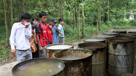 Những thùng đựng hóa chất thuốc trừ sâu chưa sang chiết, đóng gói nằm trong khuôn viên Công ty cổ phần Nicotex Thanh Thái.