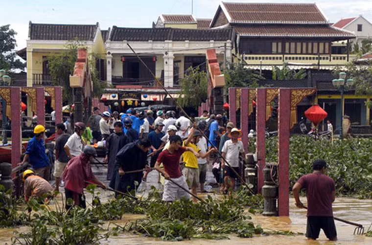 150 người với cưa, xẻng, câu liêm... tiến hành việc "giải cứu" cây cầu nhỏ này và tới chiều 19/9, công việc này mới cơ bản hoàn thành, cây cầu được bảo vệ an toàn. Ảnh: Tuổi Trẻ