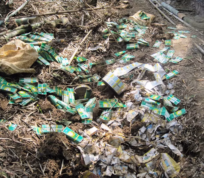 Những gói thuốc BVTV cũng được chôn dưới lòng đất.