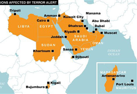 Bản đồ các Đại sứ quán Mỹ ở Trung Đông và châu Phi nhận cảnh báo khủng bố.