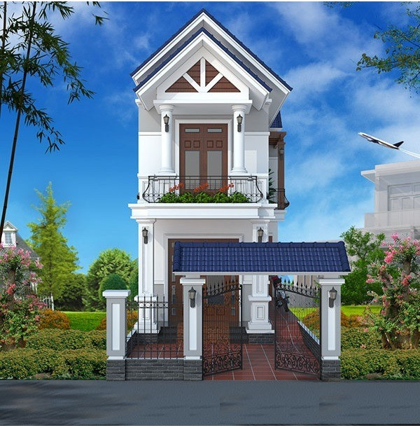 Căn nhà mái thái này sơn trắng, mái xanh, nổi bật giữa không gian xung quanh