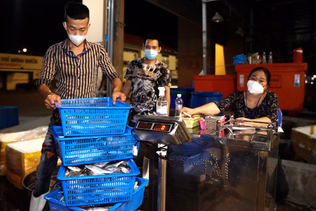 Trong ngày đầu tiên có 27 tấn hàng vận chuyển chợ và giao hết đi các bếp ăn tập thể, siêu thị và cửa hàng thực phẩm. Chị Nguyễn Thị Mộng, chủ vựa cá Út Tài, cho biết lượng hàng hóa được nhập về từ nhiều nơi, trong đó, chủ yếu từ Phú Quốc. "Lúc trước tôi bán từ 15-20 tấn cá/ngày, bây giờ chỉ nhập cầm chừng 2-3 tấn nhưng bán cũng không nổi", chị Mộng chia sẻ.