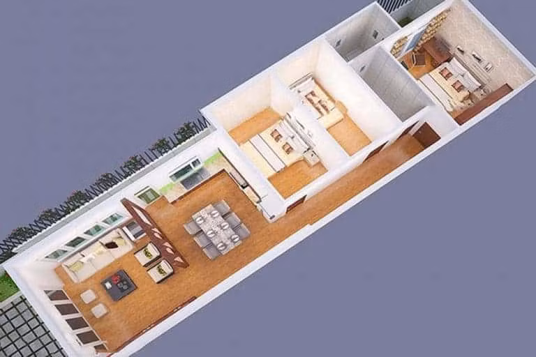 Căn nhà này thiết kế nội thất theo phong cách hiện đại, phòng khách và phòng bếp được bố trí ở phía ngoài, còn 3 phòng ngủ đặt ở sâu bên trong