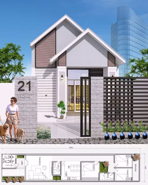 Mẫu nhà ống 1 tầng 3 phòng ngủ này có thiết kế đơn giản với mái dốc giật cấp hình chữ A. Công năng sử dụng gồm: Sân và chỗ để xe, phòng khách, phòng bếp, 3 phòng ngủ, 2 WC