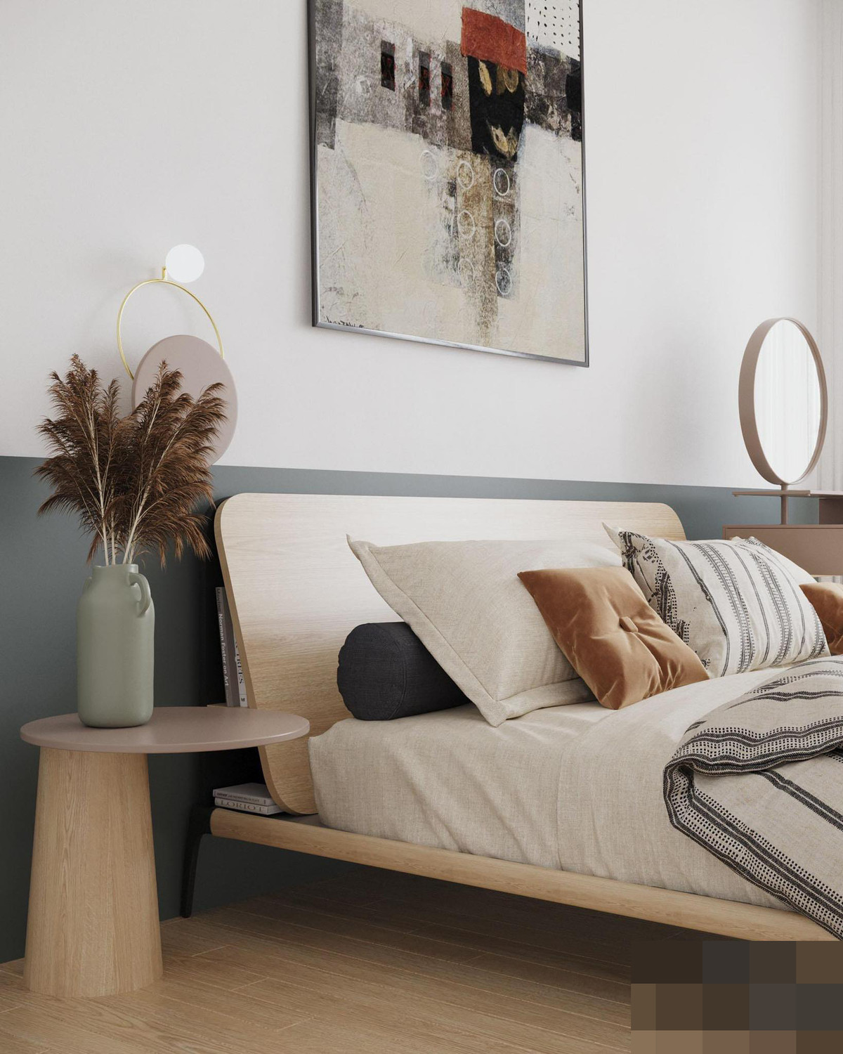 Phòng ngủ hiện đại mang một chút âm hưởng bắc Âu và một chút tối giản.