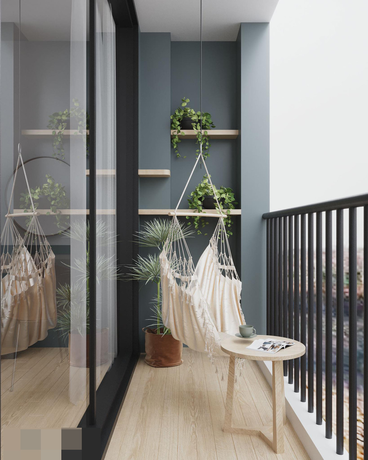 Ban công chill cho các thành viên của gia đình được bố trí cả xích đu vải theo phong cách bắc Âu.