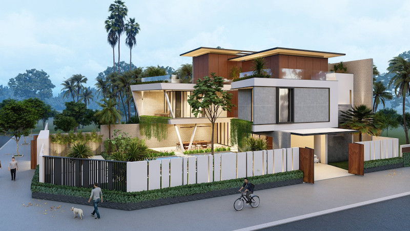 Biệt thự 2 tầng 1 tum này được xây dựng trên một khu đất rộng, có sân vườn xanh mát, đẹp mắt. Tổng thể biệt thự nổi bật nhờ sự phối kết hợp của các khối hình học đa dạng, màu sắc có sự nhấn nhá