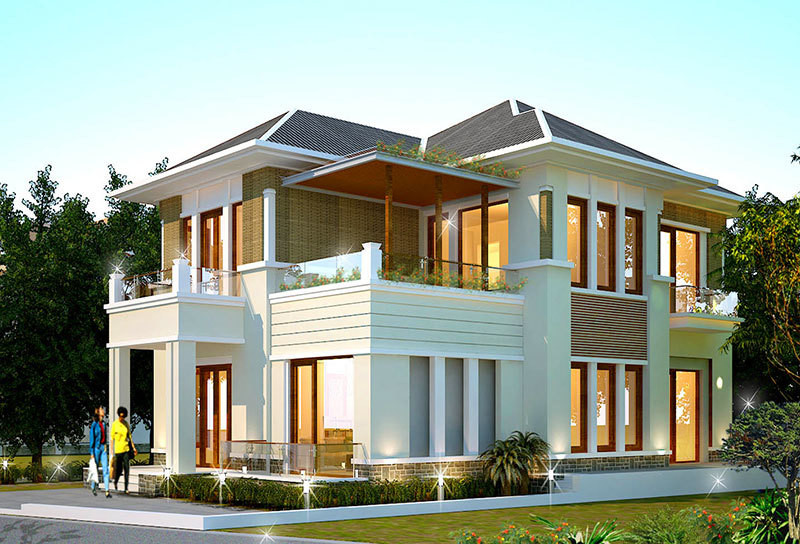 Những mẫu thiết kế biệt thự theo phong cách hiện đại thường sử dụng cửa kính để tạo không gian mở, kết nối với cảnh quan bên ngoài