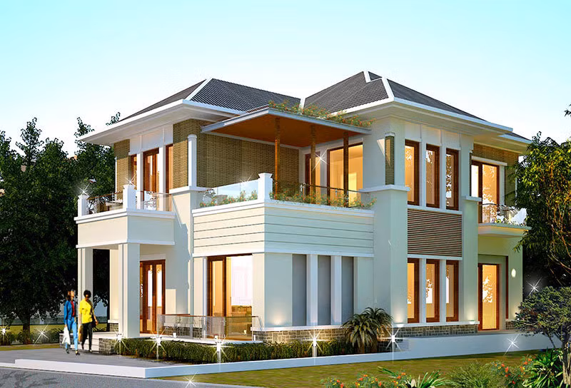 Những mẫu thiết kế biệt thự theo phong cách hiện đại thường sử dụng cửa kính để tạo không gian mở, kết nối với cảnh quan bên ngoài