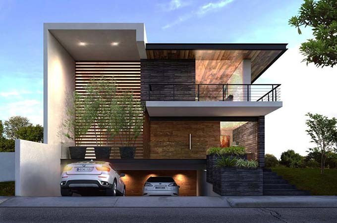 Mẫu biệt thự tông màu trầm này sở hữu những đường nét khỏe khoắn. Mái bằng được ốp gỗ cách nhiệt phía dưới để chống nóng. Nắng hướng Tây sẽ ít tác động đến biệt thự vì đã có những mảng bê tông thẳng đứng làm nhiệm vụ che chắn