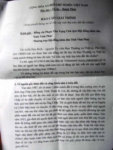 Báo cáo giải trình của ông Bình về việc lấn chiếm đất công.