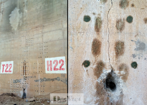 Vết nứt trên trụ cầu Vĩnh Tuy được bên tư vấn kiểm định khoan kiểm tra lõi thép. Ảnh: Minh Tú.