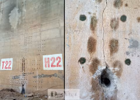 Vết nứt trên trụ cầu Vĩnh Tuy được bên tư vấn kiểm định khoan kiểm tra lõi thép. Ảnh: Minh Tú.