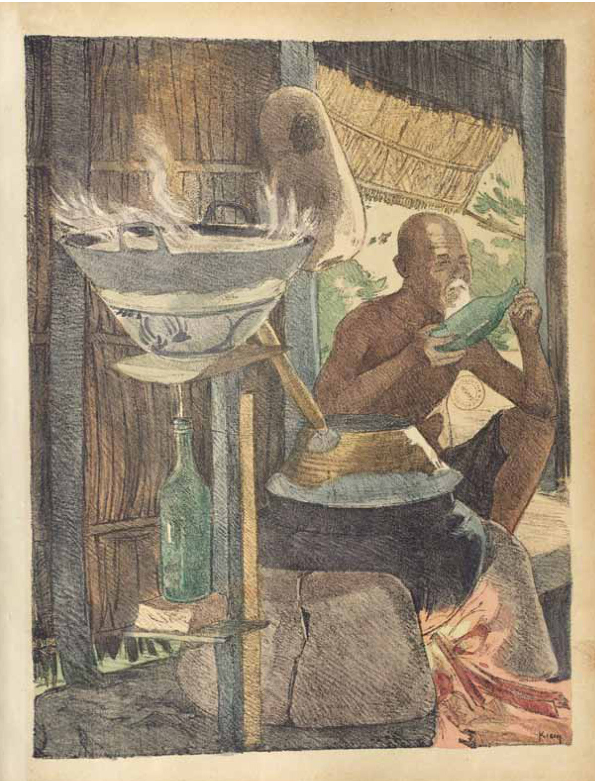 Một nghề truyền thống khác được đề cập trong bộ tranh đó là nghề nấu rượu. Bức ký họa này vẽ một người đàn ông lớn tuổi đang chưng cất rượu vào chum.