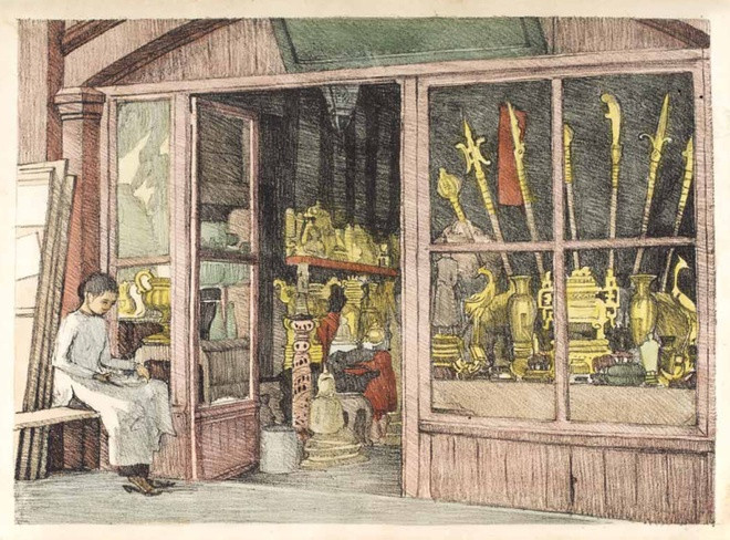 br/> Tiệm bán đồ mỹ nghệ tại Sài Gòn trong một bức ký họa.