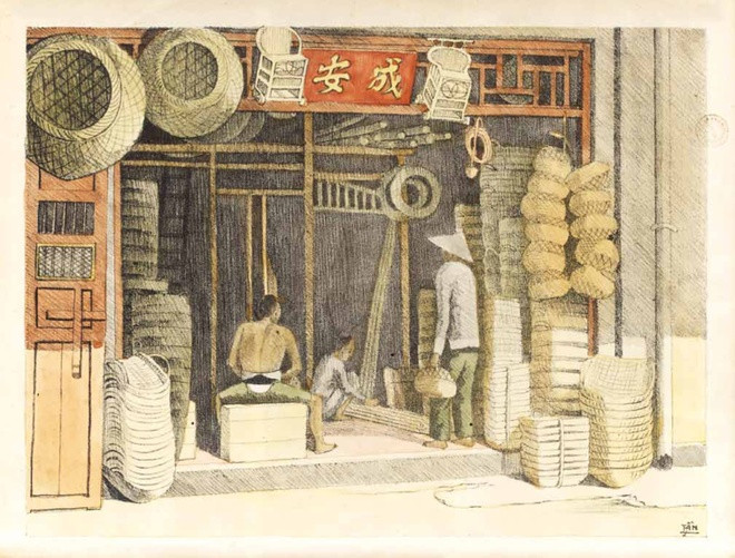 br/> Bức ký họa vẽ một tiệm bán đồ mây tre đan.