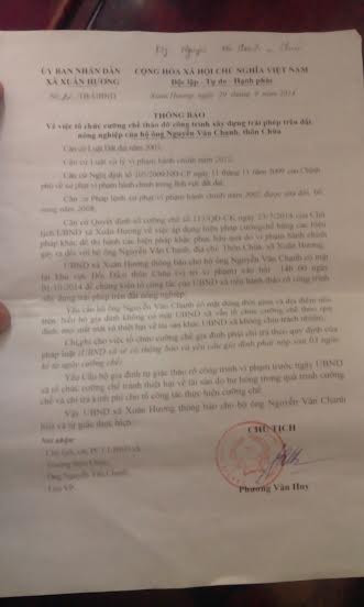 Thông báo về việc cưỡng chế đất với hộ gia đình ông Chanh.