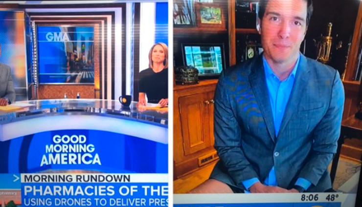 Phóng viên của đài ABC News là Will Reeve xuất hiện ở chương trình Good Morning America. Anh gây chú ý với vẻ ngoài chỉn chu, bảnh bao cùng áo vest và sơ mi. Tuy nhiên, góc máy quay lại để lộ phần hình ảnh anh không mặc quần dài mà chỉ mặc quần đùi. Khán giả đã phát hiện và chụp lại hình ảnh này đăng tải lên mạng. Sau đó, anh xấu hổ viết trên Twitter: "Mong rằng các bạn đã cảm thấy vui vẻ một chút. Hi vọng sau sự cố này tôi sẽ tập luyện chân thật nhiều hơn".