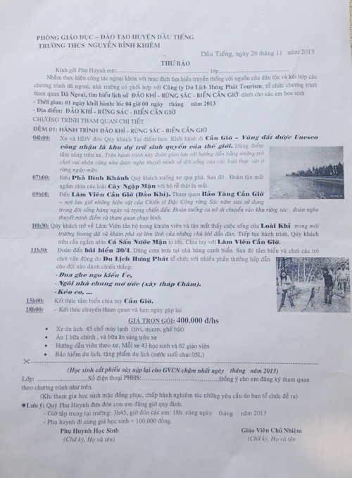 Lá thư báo về chuyến dã ngoại "tử thần" của trường THCS Nguyễn Bỉnh Khiêm gởi cho phụ huynh các em học sinh