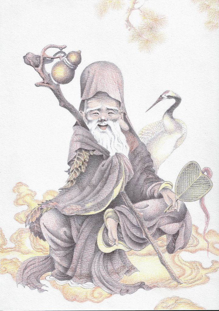 3. Phúc Lộc Thọ (Fukurokuju) là ông cụ có mái đầu nhẵn bóng và vầng trán rất cao.