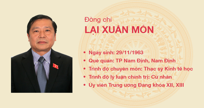 Ông Lại Xuân Môn, SN 1963, quê quán: Nam Định. Ông là Ủy viên Trung ương Đảng các khóa XII, XIII; Đại biểu Quốc hội các khóa XIV, XV.