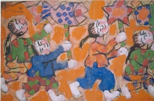 Các bức tranh này chủ yếu được vẽ bằng bột màu, rất tươi tắn và rực rỡ màu sắc, tương phản với nét thâm trầm trong những bức tranh về phố cổ Hà Nội.