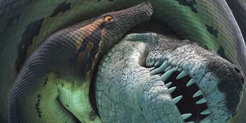  2. Titanoboa. Không có sinh vật gây ra nỗi sợ hãi hơn trong tâm lý con người như loài rắn. Ngày nay, con rắn lớn nhất là trăn mắt lưới châu Á hay trăn vua Reticulated Python, mỗi con trưởng thành dài trung bình 7m. Năm 2009, các nhà khảo cổ khám phá ra một hóa thạch gây sốc ở Columbia.
