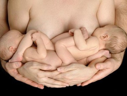 Hình ảnh cực ý nghĩa về vòng tay mẹ và bố ấp cặp song sinh đang bú mẹ.