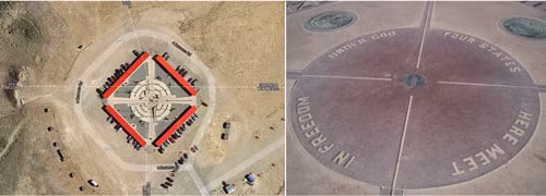 Four Corners (Mỹ): Năm 2003, vệ tinh đo metan đã tìm thấy đám mây bằng khí này khi đi qua Four Corners ở Mỹ. Nằm giữa sa mạc thuộc khu dành riêng cho người bản địa Mỹ (Navajo Indian Reservation), Four Corners là ranh giới giữa các bang Arizona, Colorado, New Mexico, Utah. Nơi nào đó đã giải phóng lượng khí metan bằng 10% lượng khí thải metan hàng năm ở Mỹ. Điều này tiếp tục diễn ra trong 6 năm sau đó dừng lại một cách bí ẩn. Cho tới nay, hiện tượng này chưa được giải thích thỏa đáng.