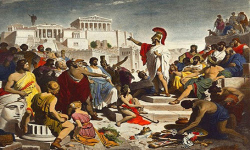 ##sc### Theo sách “Lịch sử văn minh thế giới”, mô hình nhà nước dân chủ đầu tiên trên thế giới là nhà nước dân chủ chủ nô trong xã hội chiếm hữu nô lệ nhưng chỉ giai cấp chủ nô mới có quyền dân chủ. Mô hình nhà nước này ra đời sớm nhất ở Athens (Hy Lạp) vào khoảng thế kỷ VI TCN theo thể chế thành bang (thành bang là một dạng nhà nước dân chủ chủ nô ra đời ở Hy Lạp). Trong nhà nước này, nô lệ chiếm đa số. Khoảng 80% dân số Athens thời cổ đại đều là tầng lớp nô lệ nghèo khổ, bị đối xử tệ bạc, làm phục dịch cho chủ nô. 