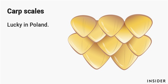 Vảy cá chép: Đây chính là tấm "bùa may mắn" của những người Ba Lan với mong ước về những điều tốt đẹp và thuận lợi. Tại một số nước châu Âu khác, cá chép là một món ăn truyền thống dịp Giáng sinh và sau đó, mọi người sẽ lấy những miếng vảy cá đặt vào trong ví làm "bùa may mắn" cho đến lễ Giáng sinh năm sau. 