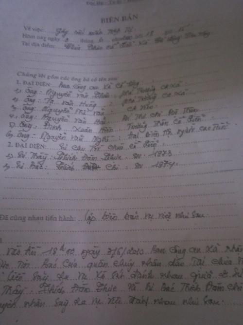 Biên bản do Công an xã Cổ Liễn lập về việc sư Thục đánh nhau với sư cùng ở Chùa Khánh Sơn vào ngày 3/6/2010.