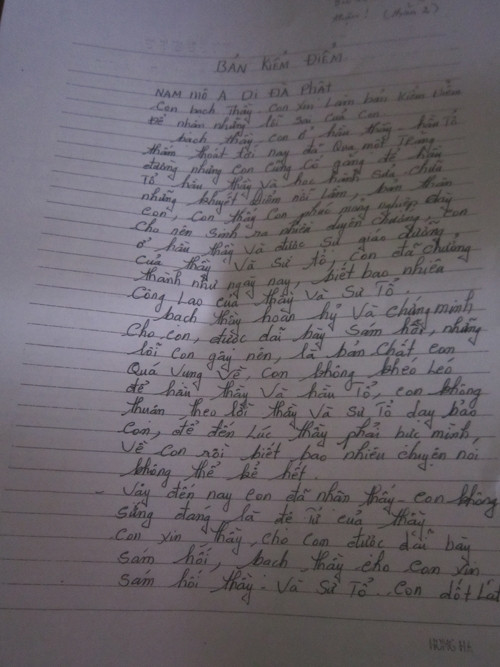 Một trong những bản kiểm điểm của sư Thục với sư trụ trì chùa Vân Hồ.