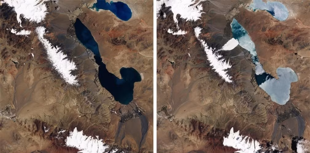 Hình ảnh vệ tinh cho thấy dãy núi Aru (Tây Tạng) trước và sau khi sông băng sụp đổ gây nên trận lở tuyết lớn, tàn phá mọi thứ trên diện tích 10 km2. 9 người dân cùng hàng trăm con cừu và bò đã bị trận tuyết lở này vùi lấp.