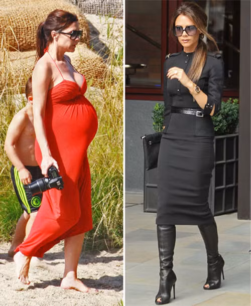 Victoria Beckham. Ngay sau khi sinh con Victoria đã xuất hiện trong Tuần lễ Thời trang New York với một vóc dáng thon thả. Vic chia sẻ rằng, cô luôn đảm bảo chế độ ăn dinh dưỡng nhưng cũng ngặt nghèo. Đặc biệt, cô thường ăn cá hồi hun khói, sushi cá ngừ, trứng hấp với khẩu phần nhỏ. Ngoài ra, Vic cũng rất chú trọng tới việc tập thể dục. Theo như tư vấn của các chuyên gia, cô không tập quá mạnh cho tới tuần thứ 8 sau khi sinh.