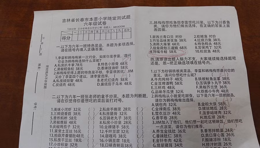 Thực đơn nhà hàng được trình bày và thiết kế y như một bài kiểm tra theo kiểu trắc nghiệm.