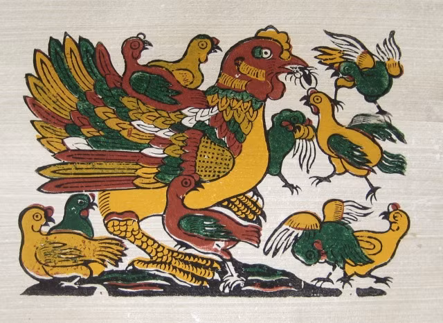 Trong tranh dân gian Đông Hồ, hình ảnh con gà xuất hiện rất phổ biến, là những nét chấm phá về một làng quê Việt Nam an bình, với những triết lý sống nhân bản, thiên nhiên.