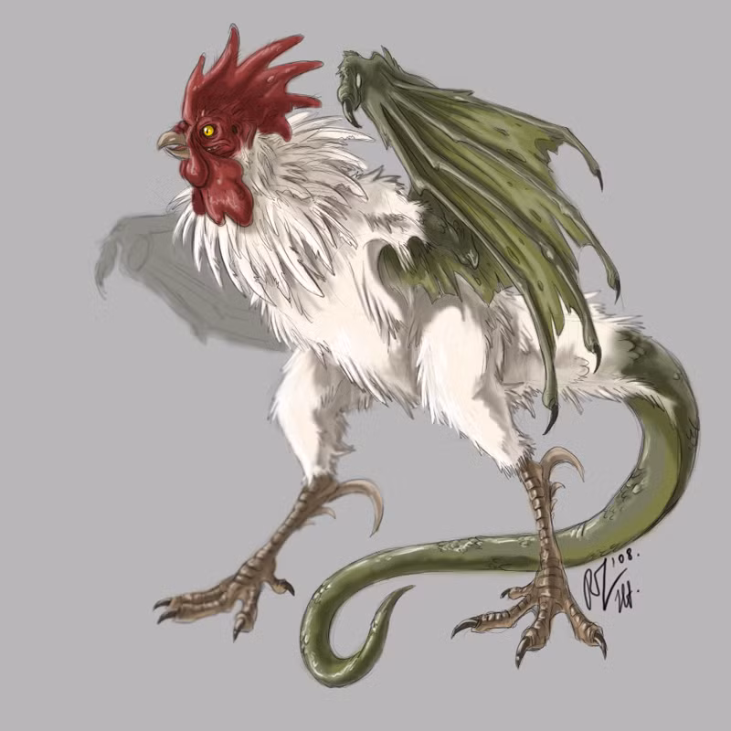 Theo mô tả, quái vật Cockatrice được sinh ra từ trứng của con gà trống, rồi được một con cóc hoặc rắn ấp nở ra. Nó có hình dạng lai tạp giữa gà trống và rồng con rồng, với nửa phía trước của gà, nửa phía sau của rồng, đi bằng hai chân.