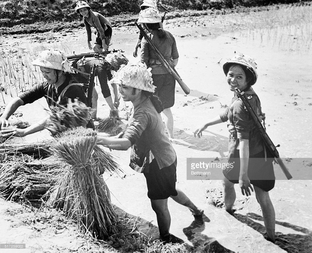 Những người nữ dân quân đi làm ruộng với cây súng trên vai, ở Hòa Lộc, Thanh Hóa, tháng 10/1967. Ảnh: Bettman – GettyImages.
