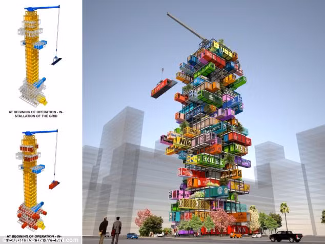 Những bước đầu xây dựng với trục chính, sau đó là các container được xếp chồng lên nhau.