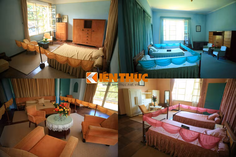 Phòng của các thành viên trong gia đình Bảo Đại, gồm phòng của Thái tử Bảo Long (trên trái), phòng của công chúa Phương Dung, Phương Mai (trên phải), phòng của công chúa Phương Liên và hoàng tử Bảo Thăng (dưới phải) và phòng riêng của Hoàng hậu Nam Phương (dưới trái).