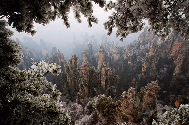 Núi Thiên Tử vào mùa đông, khi cây cối phủ trắng băng tuyết.