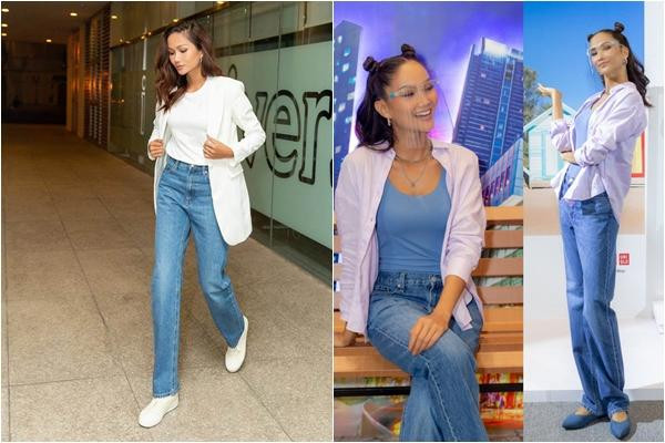 Thêm một chiếc quần jeans được H'Hen Niê tái sử dụng nhiều lần. Chiếc quần jeans ống suông có độ rộng rãi thoải mái lại khá đứng dáng, phẳng phiu và tôn dáng mặc, thích hợp cho mọi dáng người.