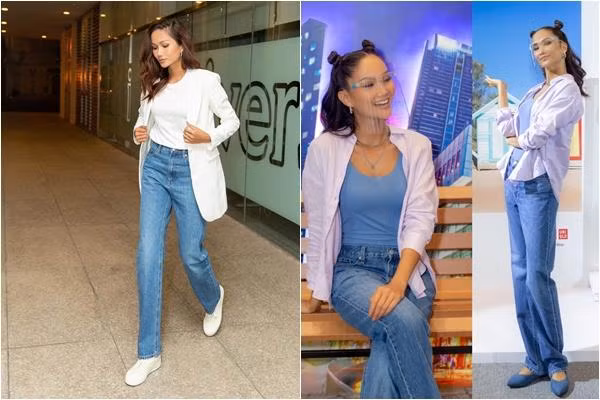 Thêm một chiếc quần jeans được H'Hen Niê tái sử dụng nhiều lần. Chiếc quần jeans ống suông có độ rộng rãi thoải mái lại khá đứng dáng, phẳng phiu và tôn dáng mặc, thích hợp cho mọi dáng người.