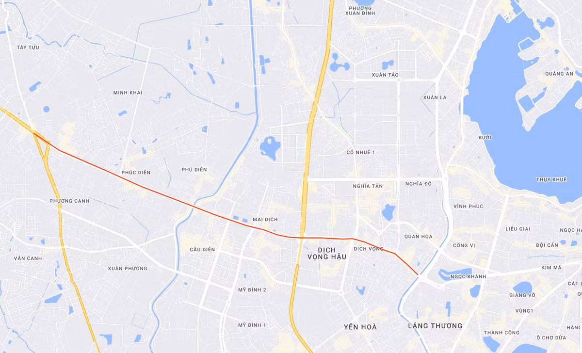 Trục đường Cầu Giấy - Xuân Thủy - Hồ Tùng Mậu - Cầu Diễn dài 10km phía dưới tuyến đường sắt đô thị Nhổn - ga Hà Nội. Ảnh: Google Maps.