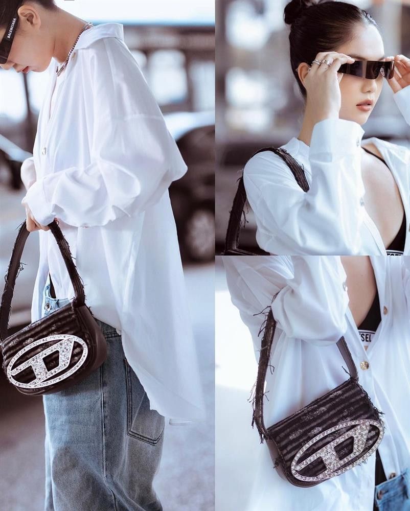 ỹ nhân Trà Vinh kết hợp với chiếc túi xách Diesel canvas mini bag với logo đính đá gần 10 triệu cùng kính Balenciaga đang cực hot trend.