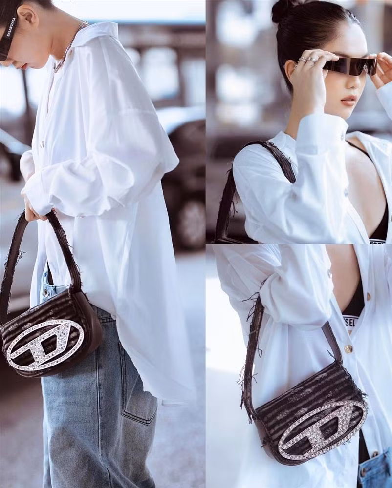 Mỹ nhân Trà Vinh kết hợp với chiếc túi xách Diesel canvas mini bag với logo đính đá gần 10 triệu cùng kính Balenciaga đang cực hot trend.